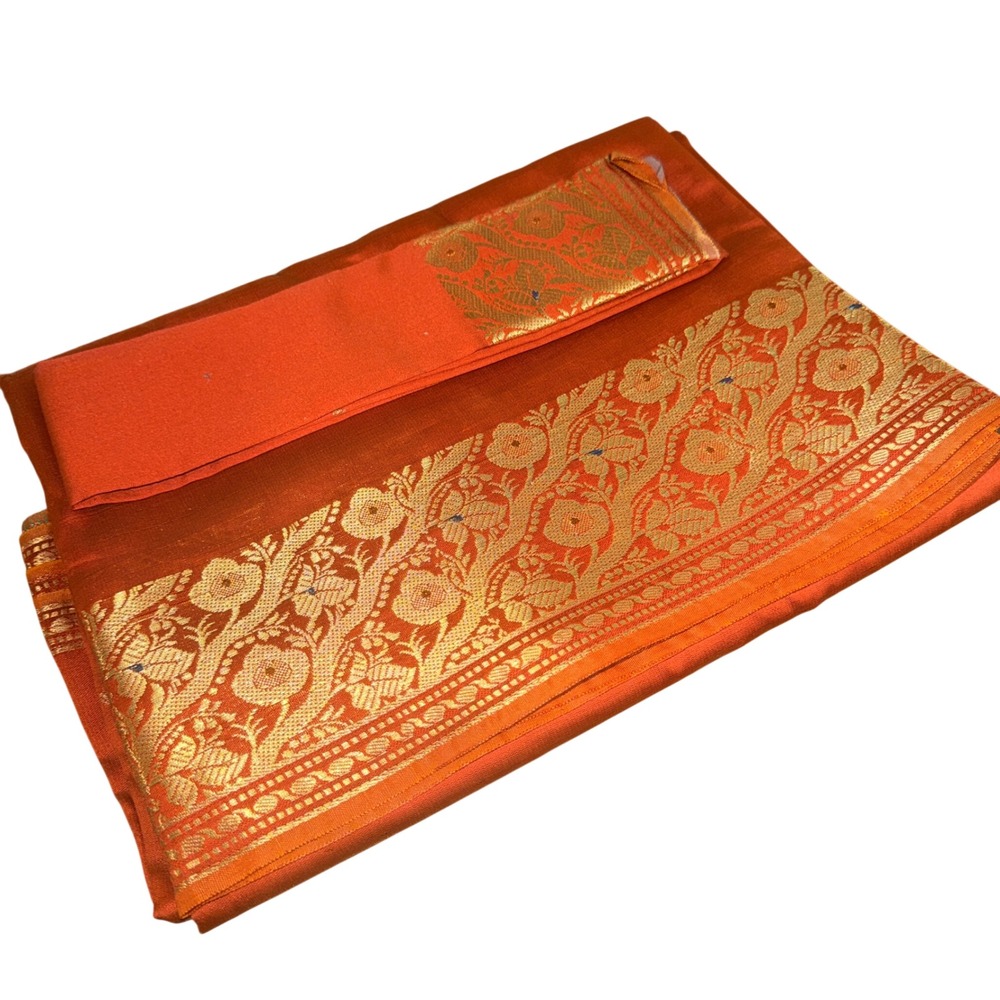 NEW Indian Womens Brocade Artificial/ART Silk Sari SAREES RUST BROWN w/Blouse Pc